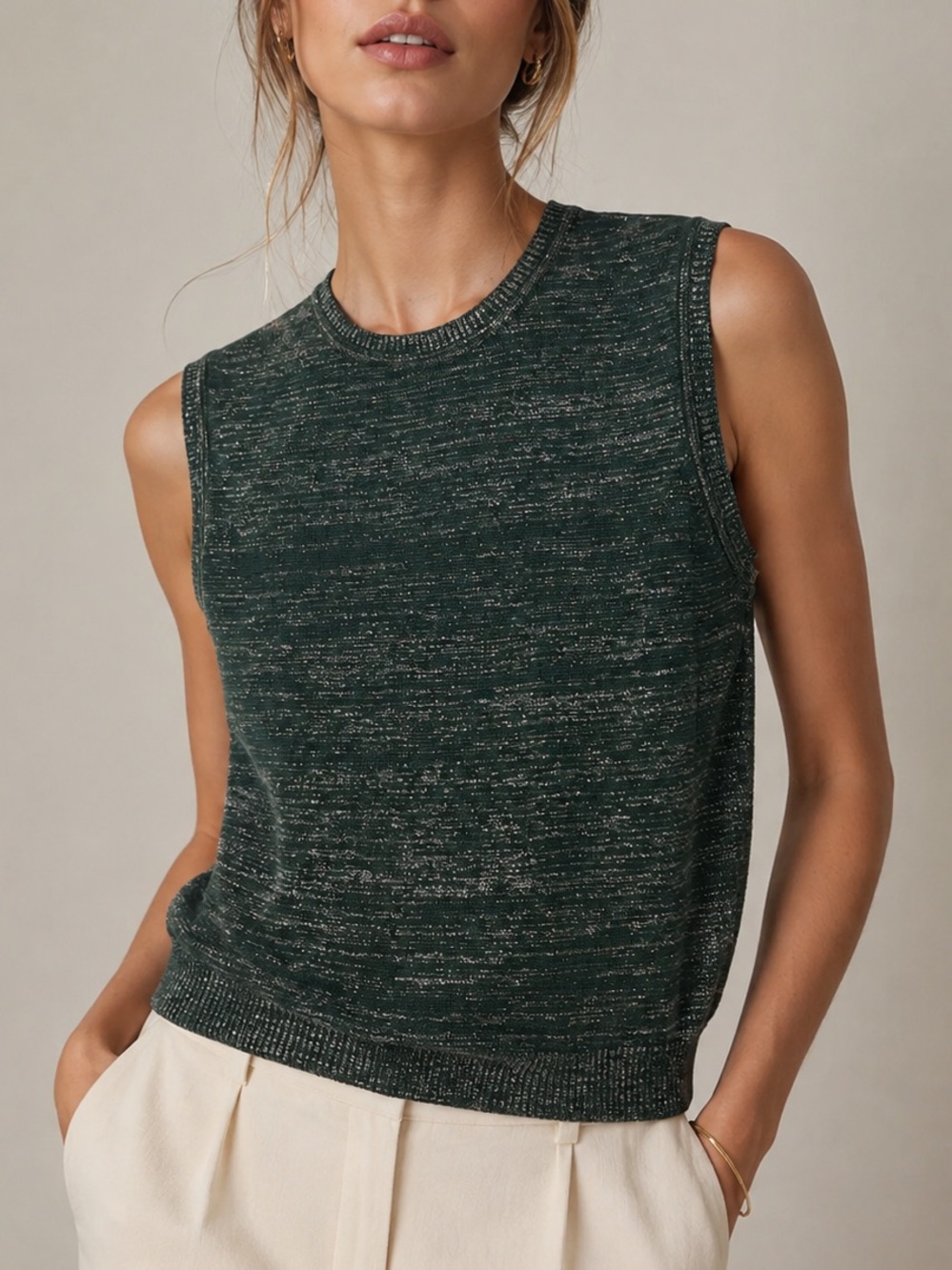 Julia Amory Tippi Top Size L Green Silver Metallic Sold Out Sweater Sleeveless - Picture 1 of 5